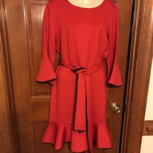 New York & Co Red Long Sleeved Belted Dress